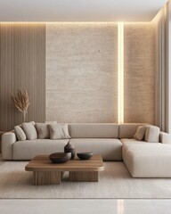 Textured minimalist living room, soft neutral boucle sectional, fluted travertine feature wall with sculptural LED light installation, floating wooden