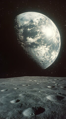 Lunar surface with craters shadowed and a planet shining above in the black starry cosmos