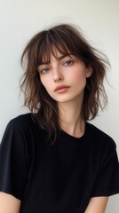 Fototapeta premium Portrait of a beautiful young woman with brown hair and bangs wearing a black shirt against a plain background in soft natural light casting a gentle shadow