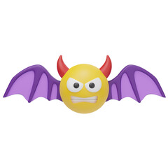 3D illustration of a flying devil emoji with red horns, angry face, and purple bat wings, isolated on white background
