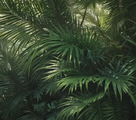 Deep emerald palm fronds, sunlight dappled, rich textures ,  pattern,  lush greenery