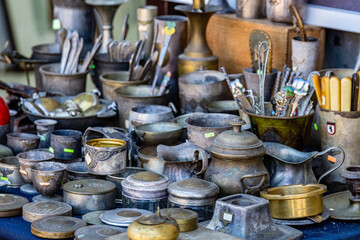Various antique German utensils at the flea market in Nessebar, Bulgaria