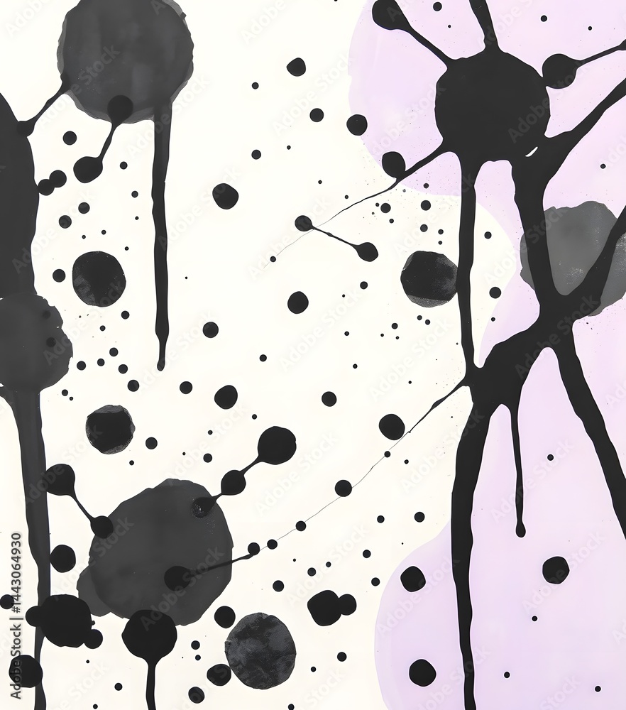 Fototapete Abstract Art Background. Black Ink Splatters And Pastel Colors Create A Dynamic Texture. Modern Design With Movement And Depth. Artistic Expression For Creative Projects.