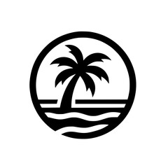 Minimal Black Palm Tree and Ocean Waves Logo Icon in Circular Frame - Tropical Beach Symbol