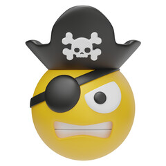 3D rendering of an angry pirate emoji face with eye patch and black hat featuring skull and crossbones, isolated on white background
