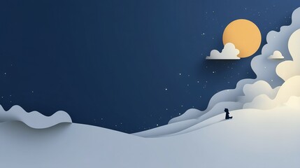 Naklejka premium Silhouette figure on snowy landscape under a soft night sky.