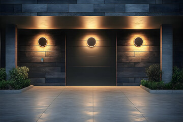 Modern house garage exterior at night with circular wall lights