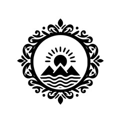 Ornate Nature Emblem Vector: Mountains, Waves, and Sun in Decorative Circular Frame - Black & White Graphic Icon