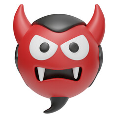 3D rendering of an angry devil emoji face with red horns, fangs, and black hair, isolated on white background
