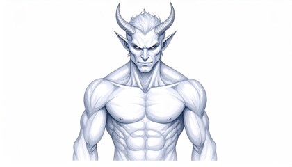Obraz premium Portrait of a pale skinned humanoid with horns and red eyes against a white background.