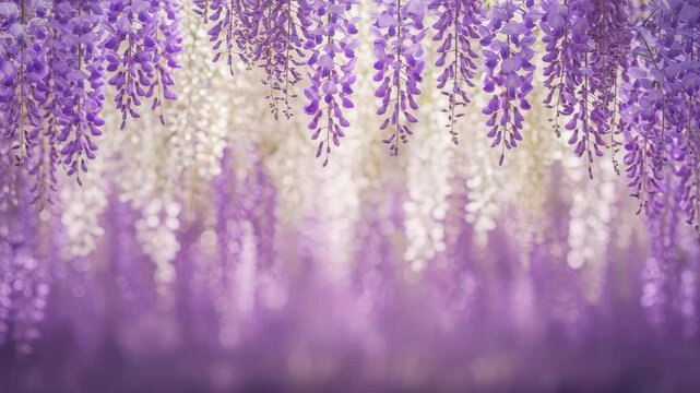 Dreamy Purple Wisteria Blossoms - Close-up view of vibrant purple wisteria flowers hanging in cascading strands, with a soft