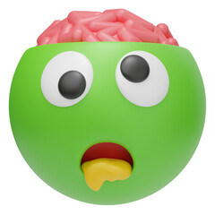 3D rendering of a green zombie emoji with exposed brain and drooling mouth, cartoon Halloween character isolated on white background
