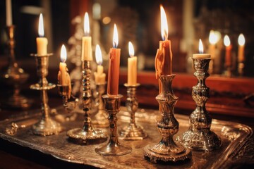 Elegant arrangement of burning candles in silver candlesticks on an ornate silver tray creating a warm inviting and nostalgic ambiance with soft lighting
