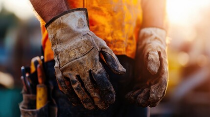 Dirty work gloves held by worker
