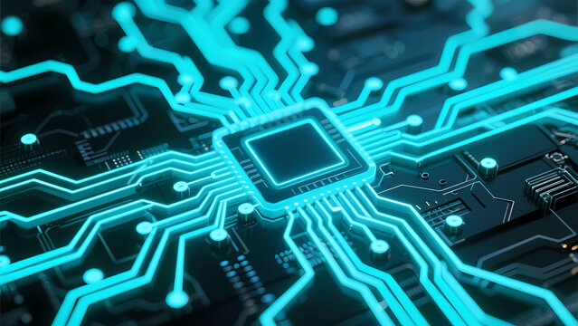 Futuristic blue circuit board with glowing microchip pattern