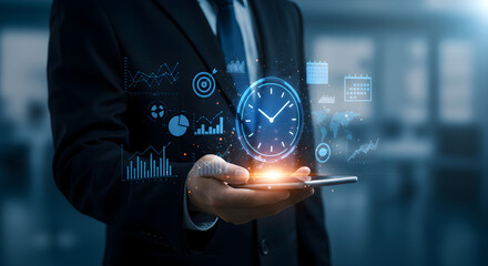 Businessman Holding Smartphone Displaying Hologram of Clock with Business Related Icon in Dark Blue Suit