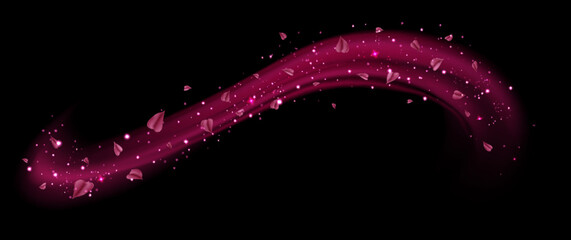 Pink fresh air or wind effect with leaves on transparent background. Vector realistic illustration with sparkling particles, sakura petals, romantic vortex, spring leaves