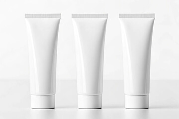 three White Cosmetic Tubes on White Background