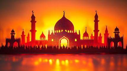 Silhouette of mosques and minarets against a vivid sunset reflecting light on water