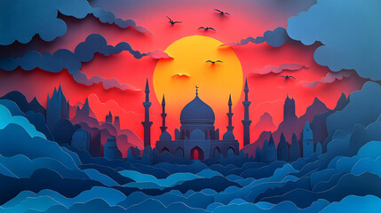 Silhouette of buildings and mosque against a vivid sunset sky with birds in flight stylized cut paper art