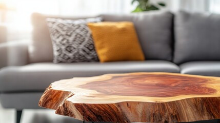 Rustic charm in a modern living room featuring a wooden coffee table with a natural edge design and soft pillows on a gray sofa creating a cozy and inviting space