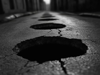 Dramatic monochrome view of cracked asphalt road with deep potholes creating a sense of danger and disrepair in an urban setting with blurred background