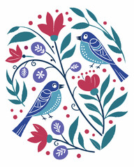 Symmetrical Floral Design with Birds A Folk Art Pattern Illustration