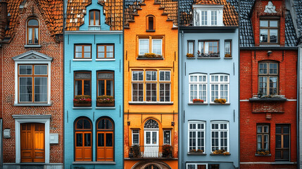 Fototapeta premium Colorful buildings stand side-by-side each with unique windows doors and brickwork