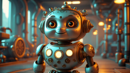 Fototapeta premium Retro-Futuristic Steampunk Robot with Cute Design and Industrial Background – 4K Sci-Fi Art