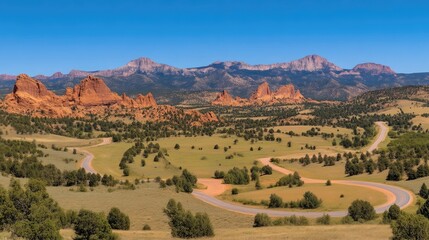 Fototapeta premium A winding asphalt road curves through a grassy valley with red sandstone rock formations and a majestic mountain range under a clear blue sky.