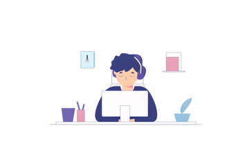 Flat minimal illustration of an exhausted woman slumped over her desk, holding a laptop with an empty battery icon above—symbolizing burnout and fatigue, ideal for t-shirt designs and editorial use.