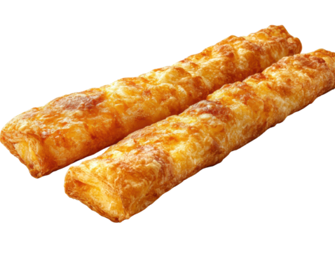 Golden Cheese Sticks:  Two golden brown cheese sticks, baked to perfection, showcasing their cheesy goodness and flaky crust.  They are perfect for a satisfying snack or quick meal.