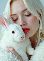 A Blonde Woman Gently Holding a White Rabbit with Red Lipstick
