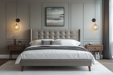 Modern king-size bed with gray fabric headboard, wooden legs, minimalist bedroom design with light gray walls, white carpet, and soft lighting.