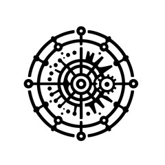Abstract Circular Technology Mechanism Icon with Gear and Network Nodes. Black Graphic Symbolizing Connection, Navigation, and System Complexity on White.