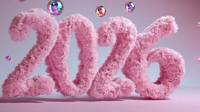 Pink fluffy numbers forming "2026" surrounded by floating bubbles, representing futuristic celebration, creativity, and fantasy.