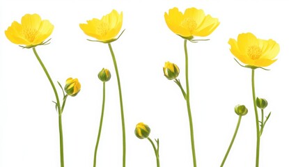 Obraz premium Closeup Of Five Yellow Flower Blossoms And Buds Against White Background
