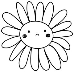 Kawaii cute sunflower flowers kids sad face doodle hand drawn  illustration spring summer garden park smile eyes blushing plants outline clipart sticker icon