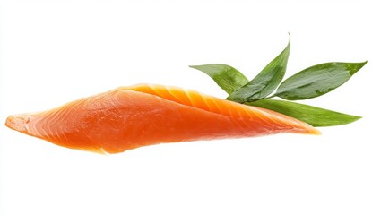 Closeup Of Fresh Fish Slice With Green Leaves On A White Background