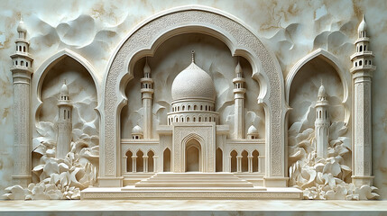 Carved white mosque with a central dome and towers set against a textured stone-like backdrop