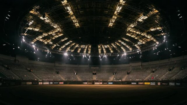Empty Rodeo Arena at Night - A wide shot of an empty rodeo arena at night, illuminated by spotlights. The arena is surrounded by tiered seating, creating a dramatic and atmospheric scene.