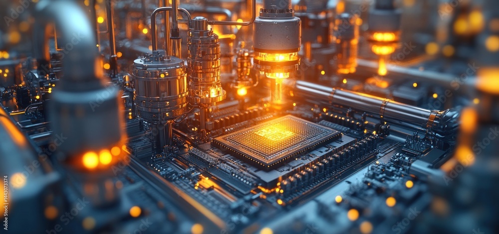 Poster futuristic microchip manufacturing: a high-tech 3d render of a complex microprocessor assembly line