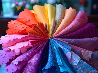 Colorful fabric swatches arranged in a fan displaying a range of vibrant hues and patterns