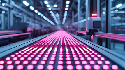 A futuristic conveyor belt with glowing pink lights in a high-tech automated factory setting.