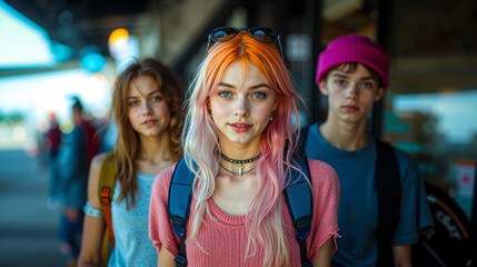 Fototapeta premium A group of young people walking down a street with backpacks