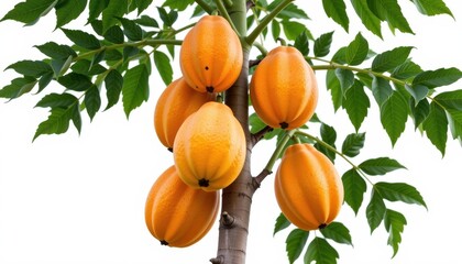 Create a clear and detailed isolate image of a papaya tree (Carica papaya) with a tall, straight trunk and several large, orange yellow ripe papayas attached directly to the trunk