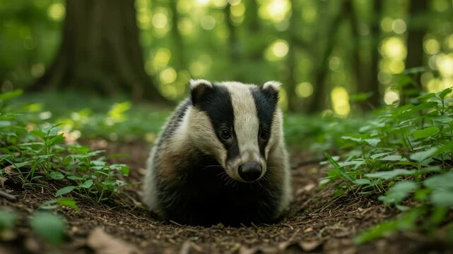 Badger in Forest Burrow - A European badger emerges from its burrow in a lush green forest.  The badger's face is clearly visible