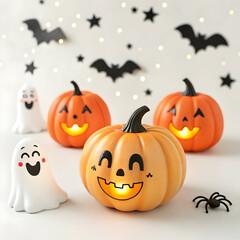 Adorable Halloween Pumpkins  Ghosts Festive Decorations on white background