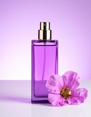 Purple bottle of perfume with flower.