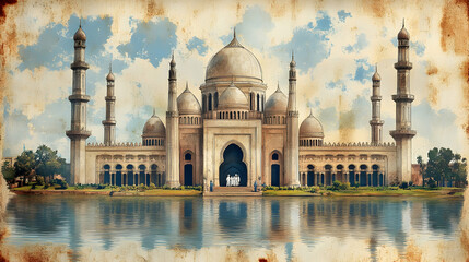 Naklejka premium Grand edifice with domes and spires reflected in water under a blue sky with clouds evoking serenity and history